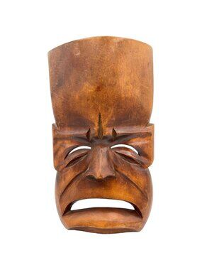 Vintage Hand Carved Wood Tragedy Theater Drama Wooden Mask Sad Face 1950 Wider